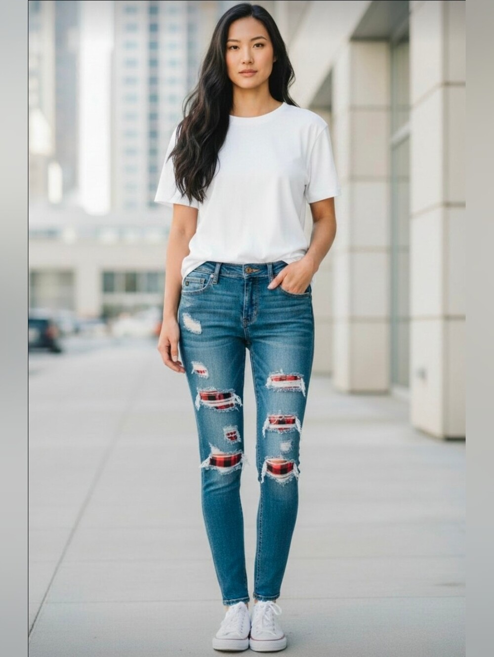 NWT Judy Blue Distressed Skinny Jeans Buffalo Plaid Patch Med Wash Women's 15/32
